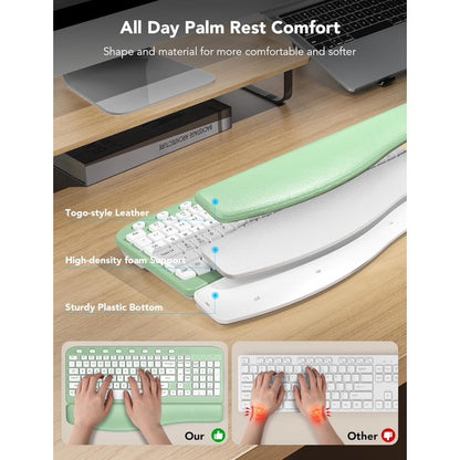 Ergonomic Wireless Keyboard and Mouse Combo, Leather Cushioned Palm Rest, Wave Keys, Silent Typing, 2.4G Lag-Free-Green