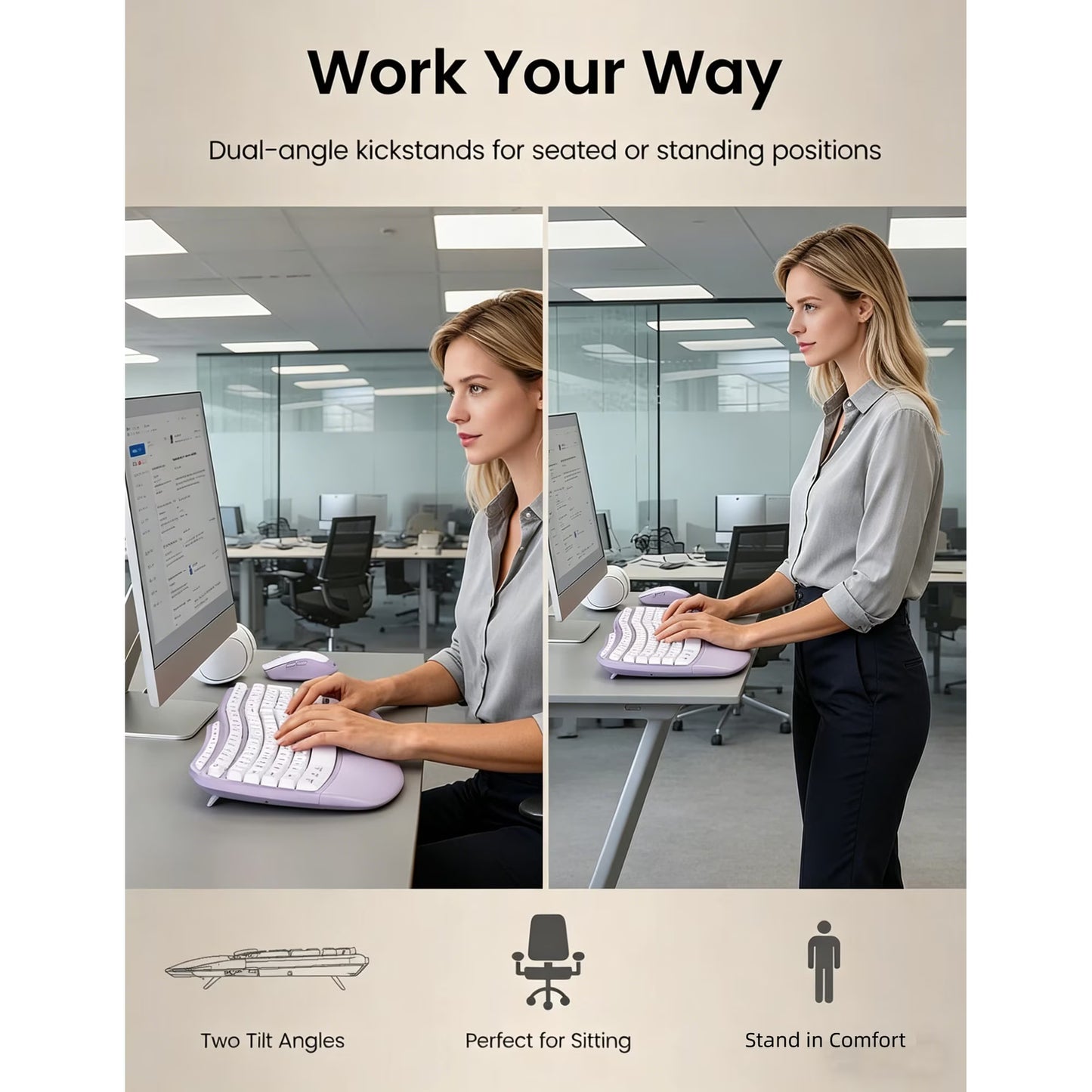 Ergonomic Wireless Keyboard and Mouse Combo, 2.4G Full Size Wave Keyboard with Cushioned Palm Rest, 3 DPI Adjustable Mouse, USB-A & C Compatible with Computer, Laptop, Mac & Tablet - Purple