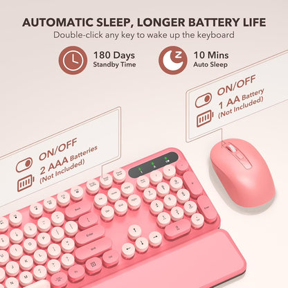 Wireless Keyboard and Mouse Combo, Retro Round Keycaps, Full Size with Detachable Wrist Rest, 2.4G for PC Mac Windows, Light Pink