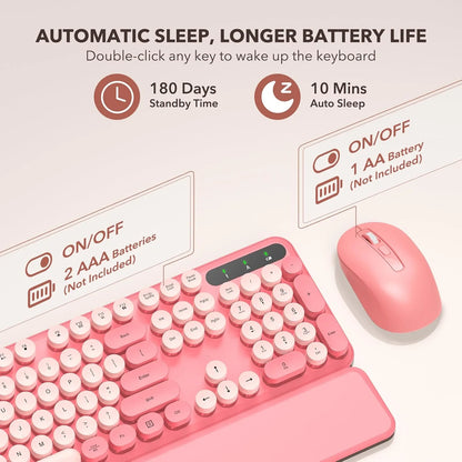 Wireless Keyboard & Mouse Set– Retro Round Keycaps, Detachable Wrist Rest, 2.4GHz Cordless Connection for Mac/Windows/PC