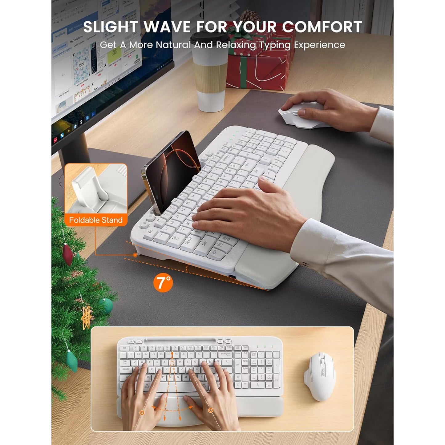 Ergonomic Wireless Keyboard & Mouse Combo - Rechargeable Type-C, Cushioned Wrist Rest, 7.28” Phone Holder, Silent Mouse, 2.4G Lag-Free for Windows/Mac,White