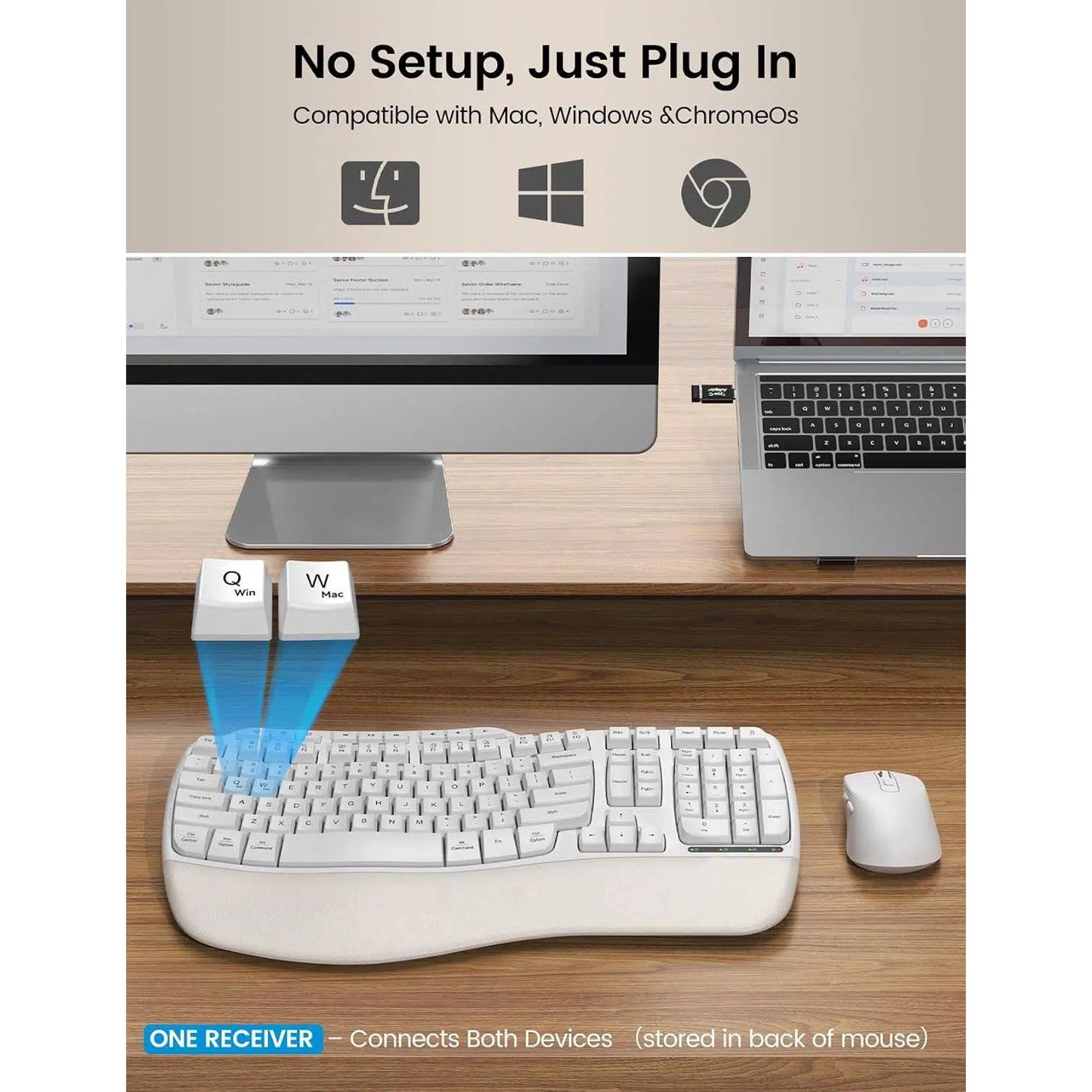 Ergonomic Wireless Keyboard and Mouse Combo, 2.4G Full Size Wave Keyboard with Cushioned Palm Rest, 3 DPI Adjustable Mouse, USB-A & C Compatible with Computer, Laptop, Mac & Tablet