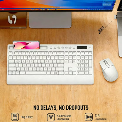 Wireless Keyboard and Mouse Combo with Full-Size Quiet, Palm Rest, Phone Holder, Multimedia Keys, Batteries Included, Compatible with Windows, PC, Laptop - White