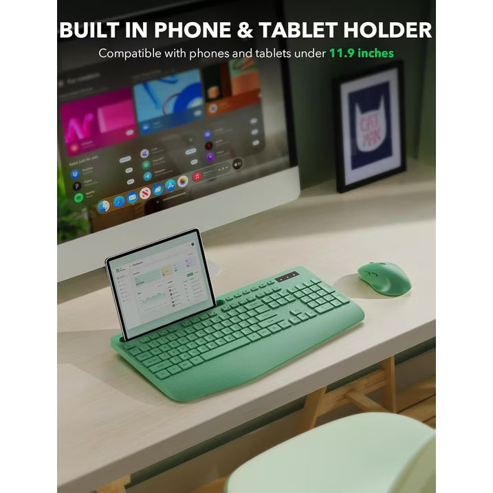 Wireless Keyboard and Mouse Combo, Full-Size Ergonomic Set with Wrist Rest & Phone Holder, 2.4G Wireless Plug & Play for PC, Laptop, Home & Office Use Sage Green