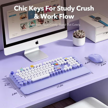 Wireless Keyboard and Mouse Combo, Retro Round Keycaps, Full Size with Detachable Wrist Rest, 2.4G for PC, Lavender Purple