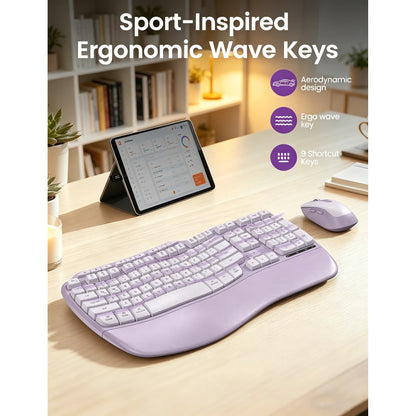 Ergonomic Wireless Keyboard and Mouse Combo, 2.4G Full Size Wave Keyboard with Cushioned Palm Rest, 3 DPI Adjustable Mouse, USB-A & C Compatible with Computer, Laptop, Mac & Tablet - Purple