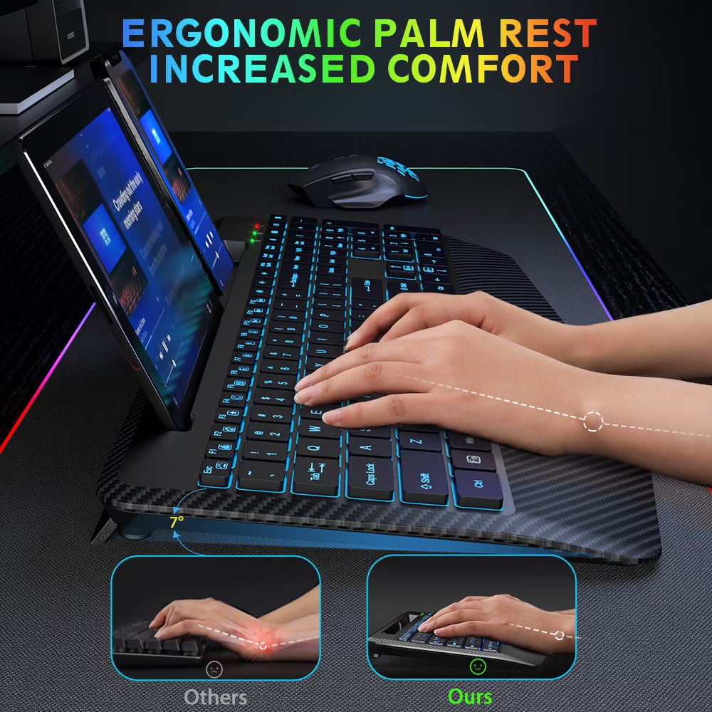 Wireless Keyboard and Mouse Backlit, Rechargeable Ergonomic Keyboard with Wrist Rest, LED Mouse, Phone Holder, Silent for Computer, Mac, PC, Laptop, Chromebook--Black