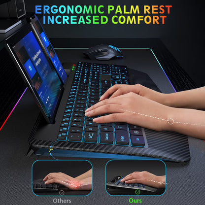 Wireless Keyboard and Mouse Backlit, Rechargeable Ergonomic Keyboard with Wrist Rest, LED Mouse, Phone Holder, Silent for Computer, Mac, PC, Laptop, Chromebook--Black