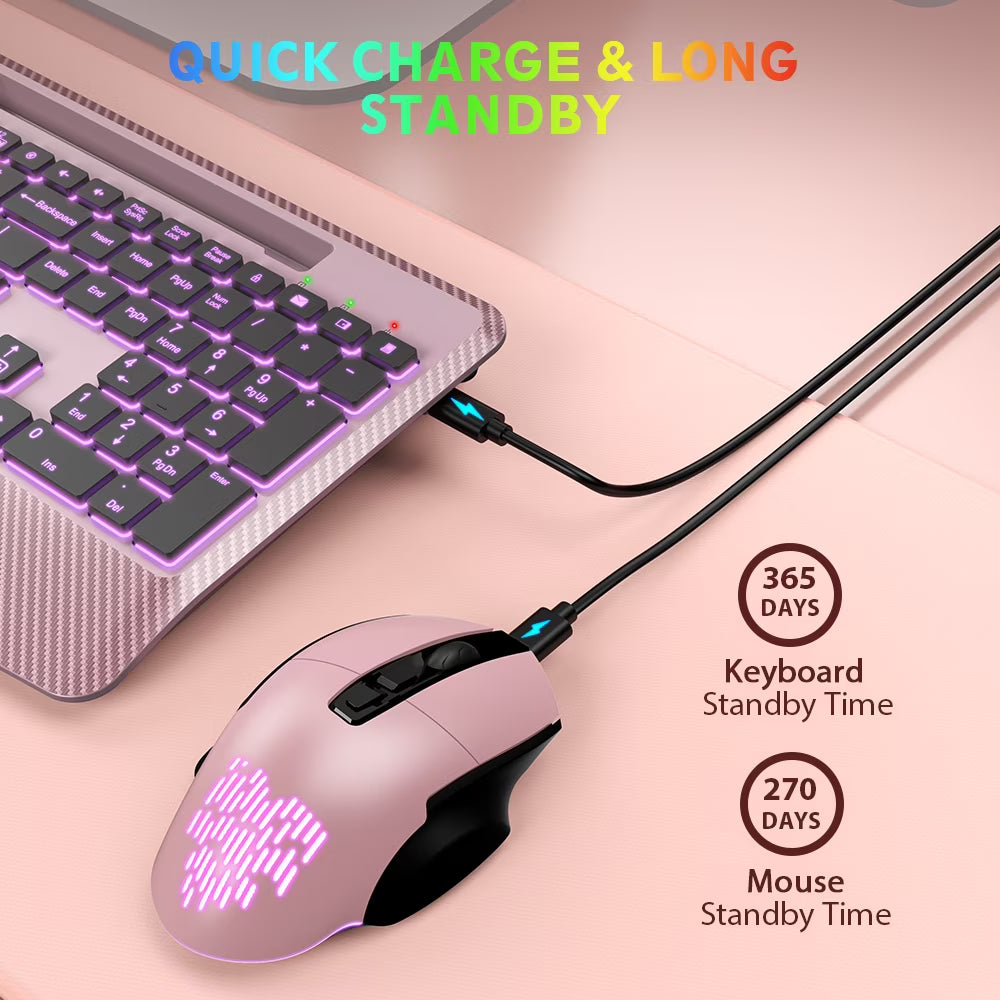 Wireless Keyboard and Mouse Backlit, Rechargeable Ergonomic Keyboard with Wrist Rest, LED Mouse, Phone Holder, Silent for Computer, Mac, PC, Laptop, Chromebook-roas gold