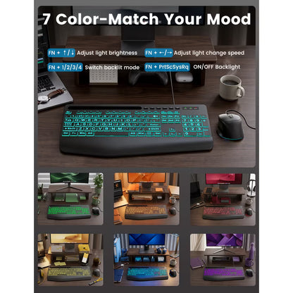 Wired Keyboard & Mouse Combo, 4X Large Print RGB Backlit Keys with Palm Rest, Ergonomic USB Plug & Play Set for Seniors Students PC Laptop Mac Home Office