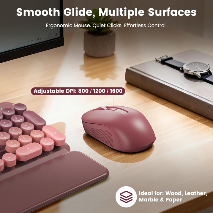 Wireless Keyboard and Mouse Combo Latte, Retro Round Keycaps, Full Size with Detachable Wrist Rest, 2.4G for PC Mac Windows