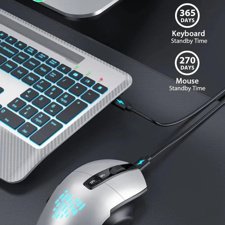 Wireless Keyboard and Mouse Backlit, Rechargeable Ergonomic Keyboard with Wrist Rest, LED Mouse, Phone Holder, Silent for Computer, Mac, PC, Laptop, Chromebook-Silver Black