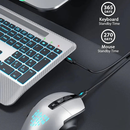 Wireless Keyboard and Mouse Backlit, Rechargeable Ergonomic Keyboard with Wrist Rest, LED Mouse, Phone Holder, Silent for Computer, Mac, PC, Laptop, Chromebook-Silver Black