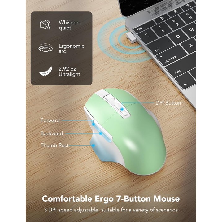 Ergonomic Wireless Keyboard and Mouse Combo, Leather Cushioned Palm Rest, Wave Keys, Silent Typing, 2.4G Lag-Free-Green