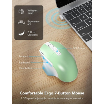 Ergonomic Wireless Keyboard and Mouse Combo, Leather Cushioned Palm Rest, Wave Keys, Silent Typing, 2.4G Lag-Free-Green
