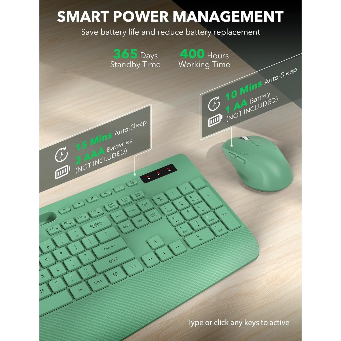 Wireless Keyboard and Mouse Combo, Full-Size Ergonomic Set with Wrist Rest & Phone Holder, 2.4G Wireless Plug & Play for PC, Laptop, Home & Office Use Sage Green