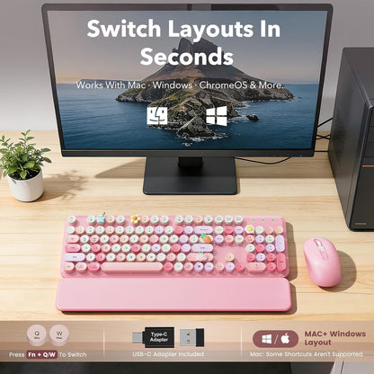 Wireless Keyboard and Mouse Combo Latte, Retro Round Keycaps, Full Size with Detachable Wrist Rest, 2.4G for PC Mac Windows