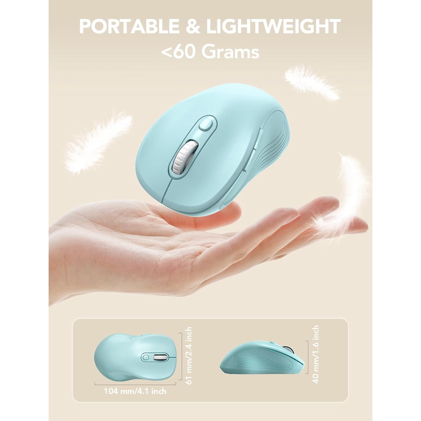 Wireless Mouse for Laptop, Ergonomic Silent Computer Mouse with USB & USB-C, 3 DPI 6 Buttons,Light Blue