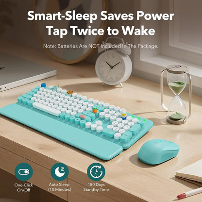 Wireless Keyboard and Mouse Combo, Retro Round Keycaps, Full Size with Detachable Wrist Rest, 2.4G for PC Mac Windows, Dark Blue