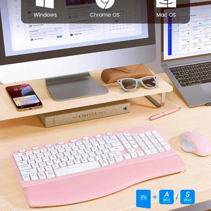 Ergonomic Wireless Keyboard and Mouse Combo, Leather Cushioned Palm Rest, Wave Keys, Silent Typing, 2.4G Lag-Free-Wagpak-Pink