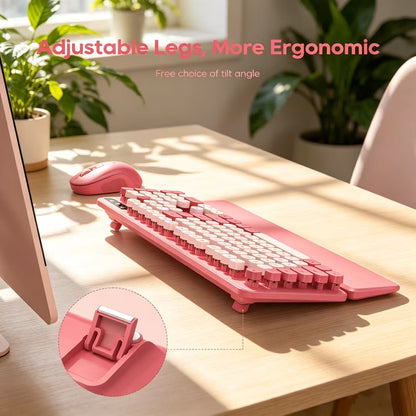 Wireless Keyboard and Mouse Combo, Retro Round Keycaps, Full Size with Detachable Wrist Rest, 2.4G for PC Mac Windows, Pink