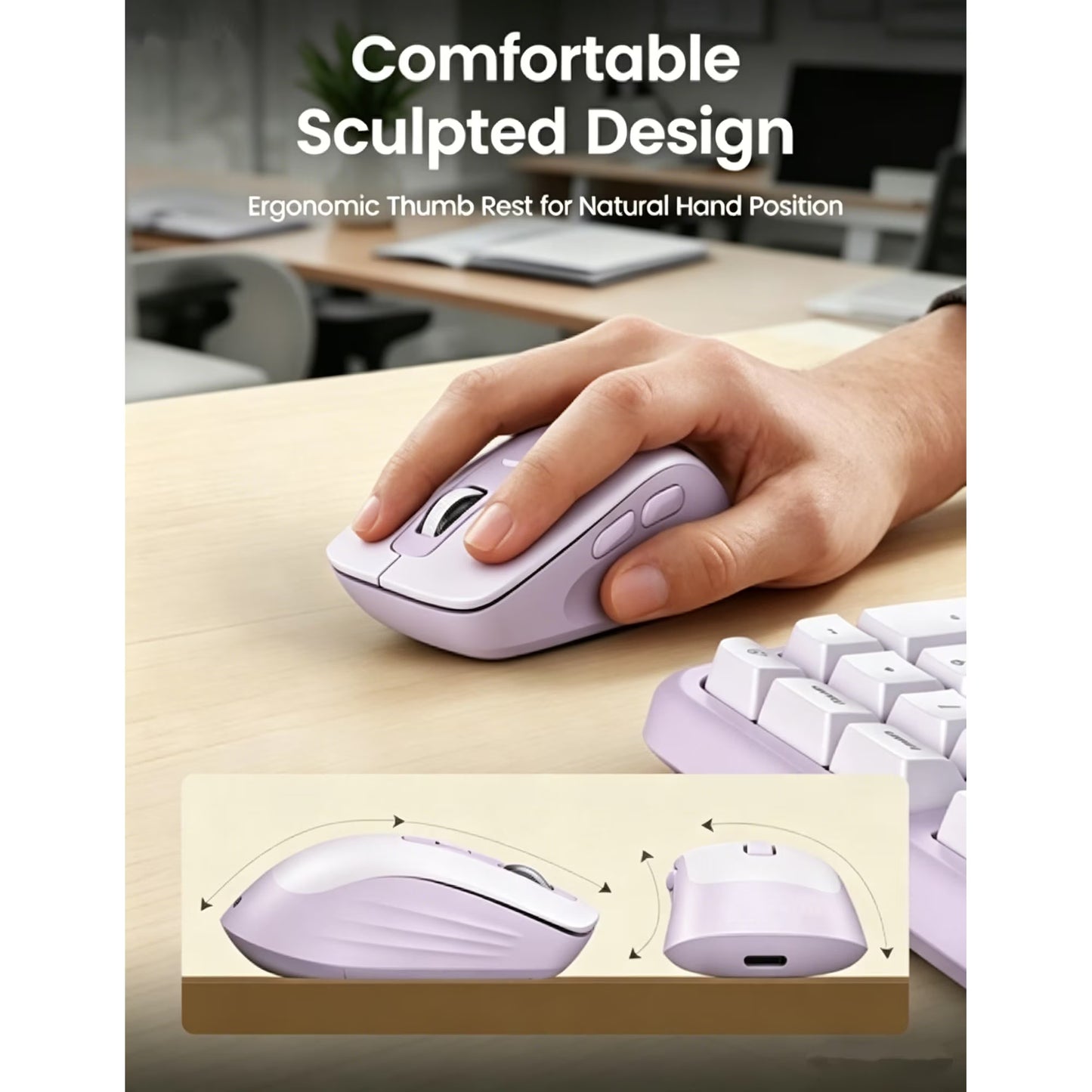 Ergonomic Wireless Keyboard and Mouse Combo, 2.4G Full Size Wave Keyboard with Cushioned Palm Rest, 3 DPI Adjustable Mouse, USB-A & C Compatible with Computer, Laptop, Mac & Tablet - Purple
