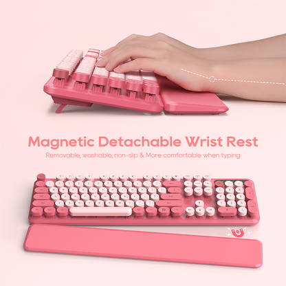 Wireless Keyboard & Mouse Set (Hot Pink) – Retro Round Keycaps, Detachable Wrist Rest, 2.4GHz Cordless Connection for Mac/Windows/PC