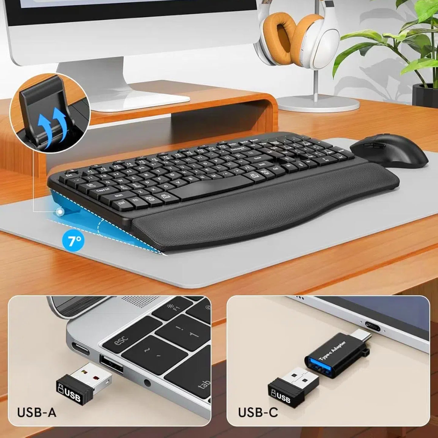 Ergonomic Wireless Keyboard and Mouse Combo, Leather Cushioned Palm Rest, Wave Keys, Silent Typing, 2.4G Lag-Free-Wagpak
