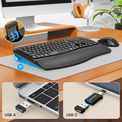 Ergonomic Wireless Keyboard and Mouse Combo, Leather Cushioned Palm Rest, Wave Keys, Silent Typing, 2.4G Lag-Free-Wagpak