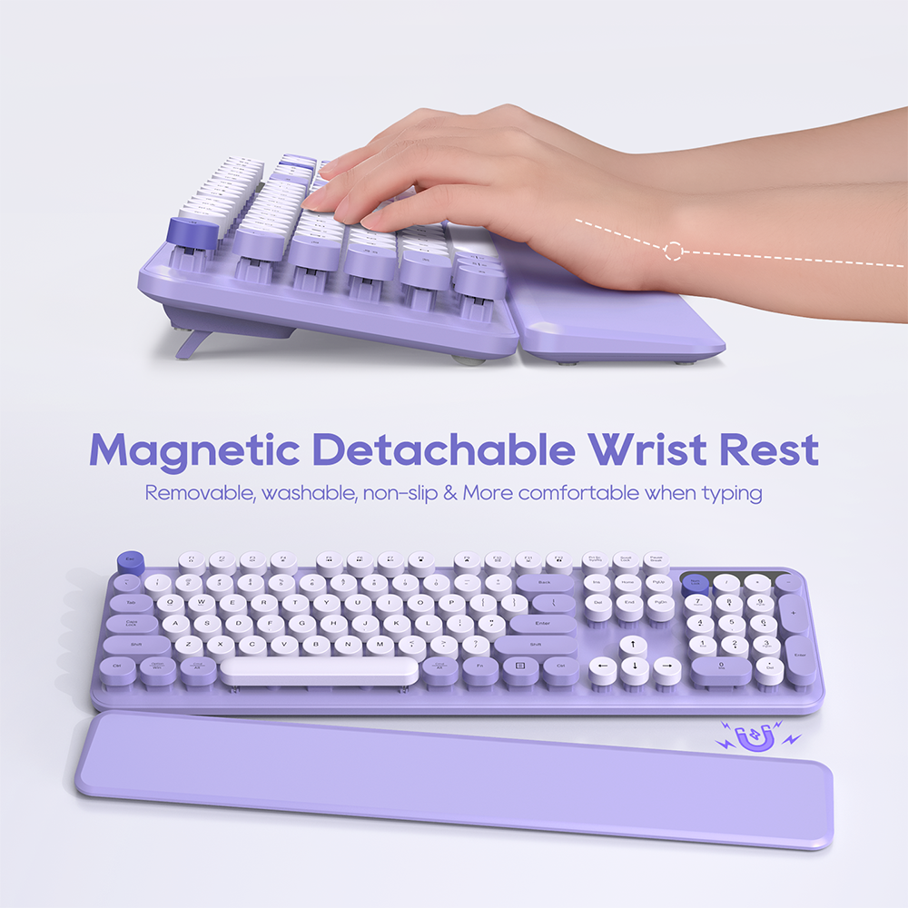 Wireless Keyboard & Mouse Set (Purple) – Retro Round Keycaps, Detachable Wrist Rest, 2.4GHz Cordless Connection for Mac/Windows/PC