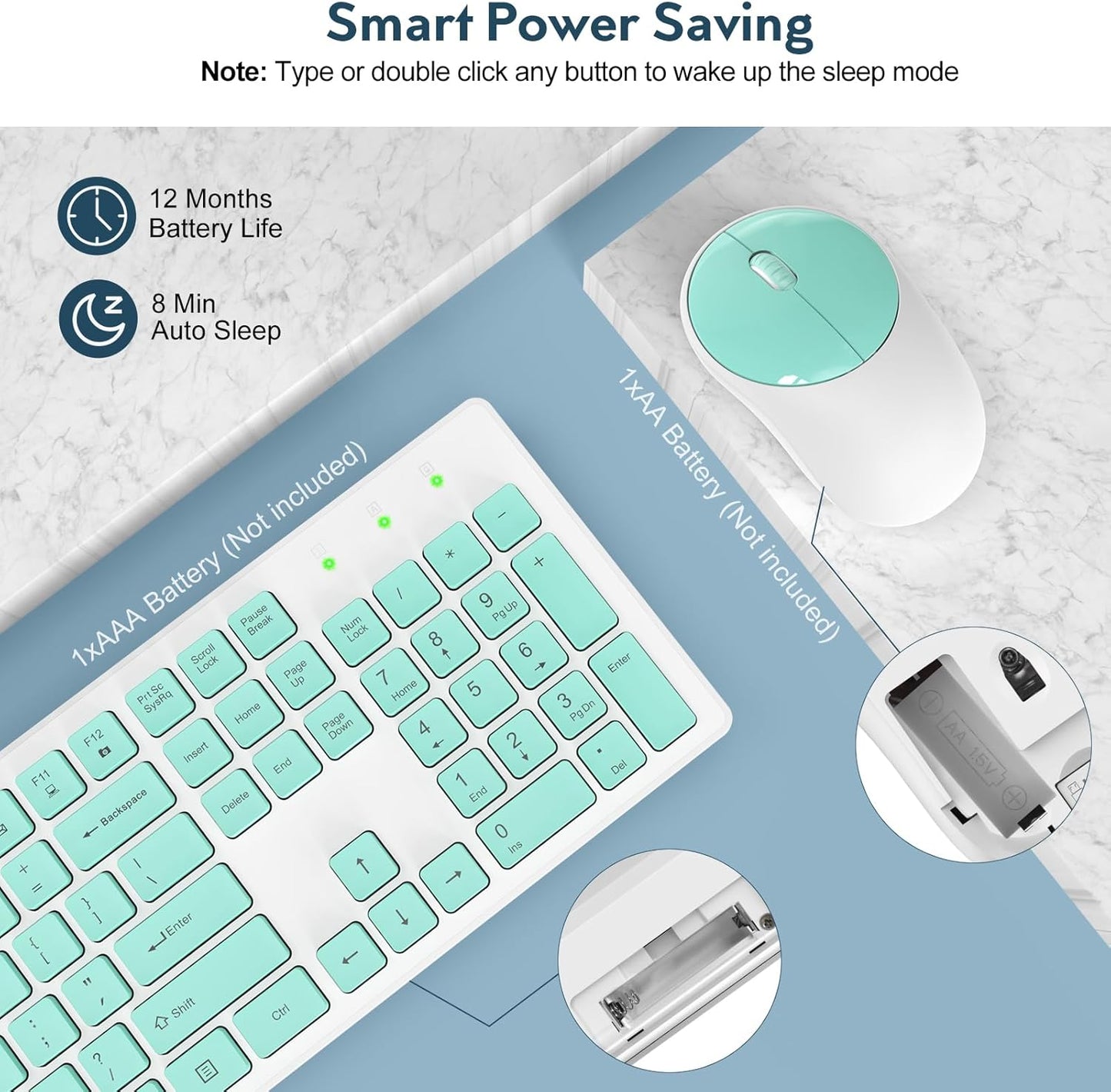 Wireless Keyboard and Mouse, Silent 2.4GHz Cordless Combo-Green-Wagpak