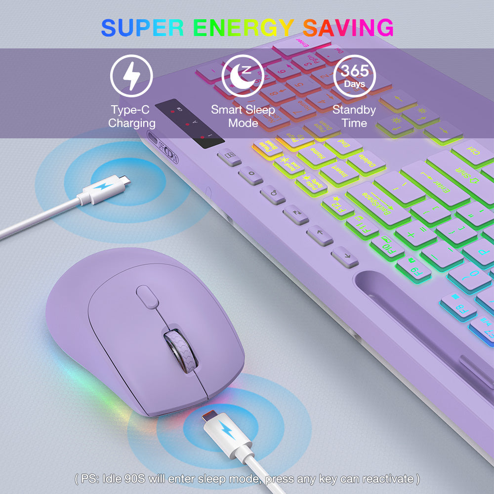 Wireless Keyboard and Mouse Combo with 9 Backlit, Wrist Rest & Phone Holder, Purple