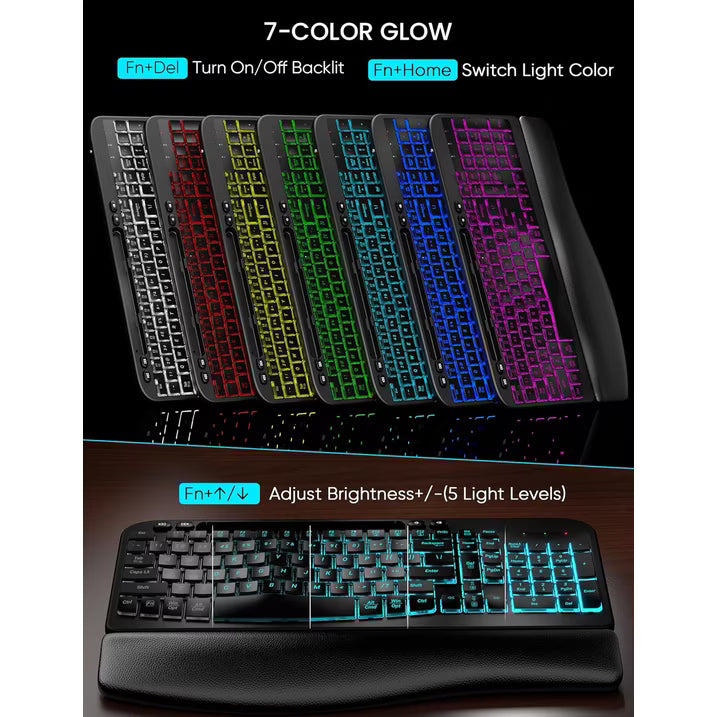 Wireless Keyboard and Mouse Combo, Ergonomic Wave Keyboard with Wrist Rest, RGB Backlit, Rechargeable, Dual System Compatible