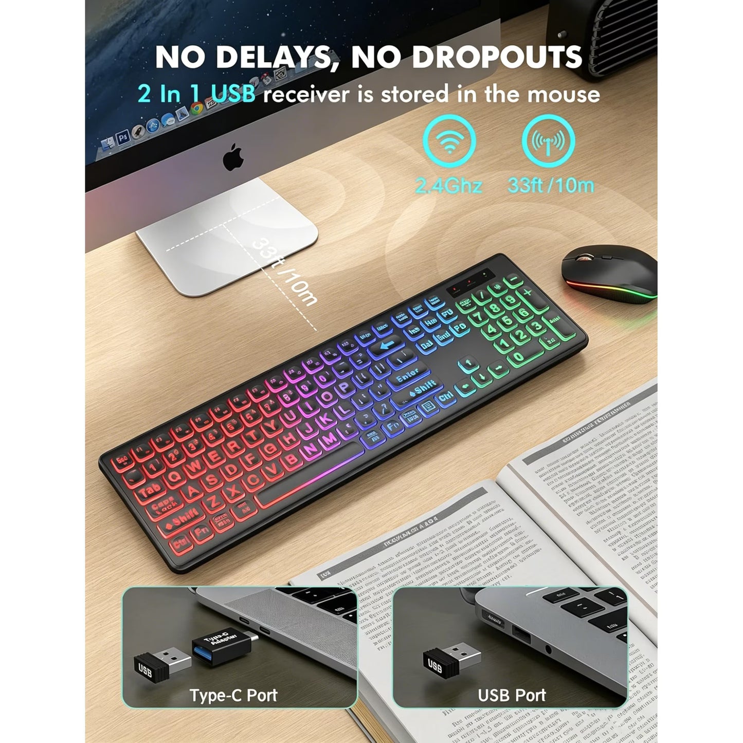 Wireless Keyboard and Mouse Combo, RGB Backlit, Rechargeable & Light Up Letters, Full-Size, Soft Typing, Sleep Mode, 2.4GHz Quiet Keyboard Set for Mac, Windows, Laptop, PC (Black)