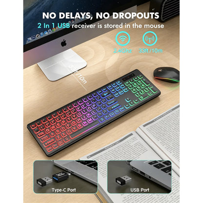 Wireless Keyboard and Mouse Combo, RGB Backlit, Rechargeable & Light Up Letters, Full-Size, Soft Typing, Sleep Mode, 2.4GHz Quiet Keyboard Set for Mac, Windows, Laptop, PC (Black)
