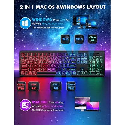 Wireless Keyboard and Mouse Combo, RGB Backlit, Rechargeable & Light Up Letters, Full-Size, Soft Typing, Sleep Mode, 2.4GHz Quiet Keyboard Set for Mac, Windows, Laptop, PC (Black)