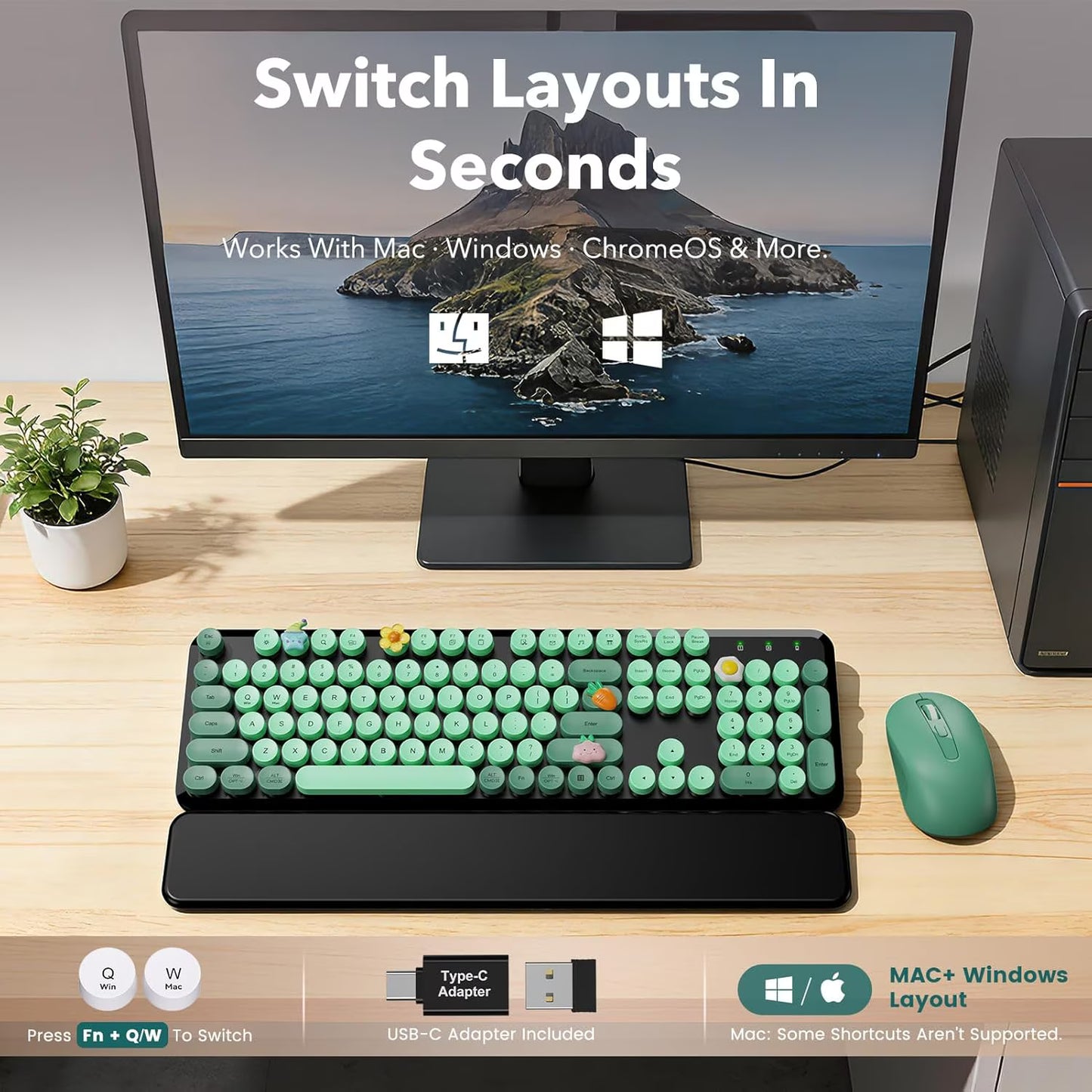 Wireless Keyboard and Mouse Combo, Retro Round Keycaps, Full Size with Detachable Wrist Rest, 2.4G for PC Mac Windows, Dark Green