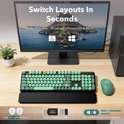 Wireless Keyboard and Mouse Combo, Retro Round Keycaps, Full Size with Detachable Wrist Rest, 2.4G for PC Mac Windows, Dark Green