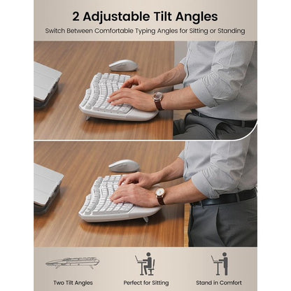 Ergonomic Wireless Keyboard and Mouse Combo, 2.4G Full Size Wave Keyboard with Cushioned Palm Rest, 3 DPI Adjustable Mouse, USB-A & C Compatible with Computer, Laptop, Mac & Tablet