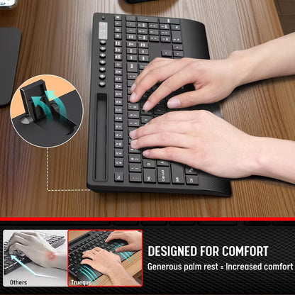 Wireless Keyboard and Mouse Combo with Full-Size Quiet, Palm Rest, Phone Holder, Multimedia Keys, Batteries Included, Compatible with Windows, PC, Laptop - Black