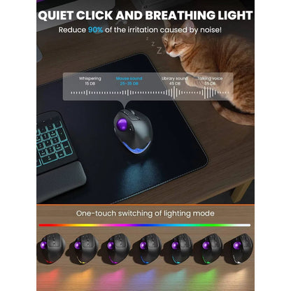 Ergonomic Wireless Trackball Mouse, Adjustable Angle, Thumb Control, Quiet Click, Rechargeable, Multi-Device Bluetooth & USB, for Windows Mac-Purple Ball
