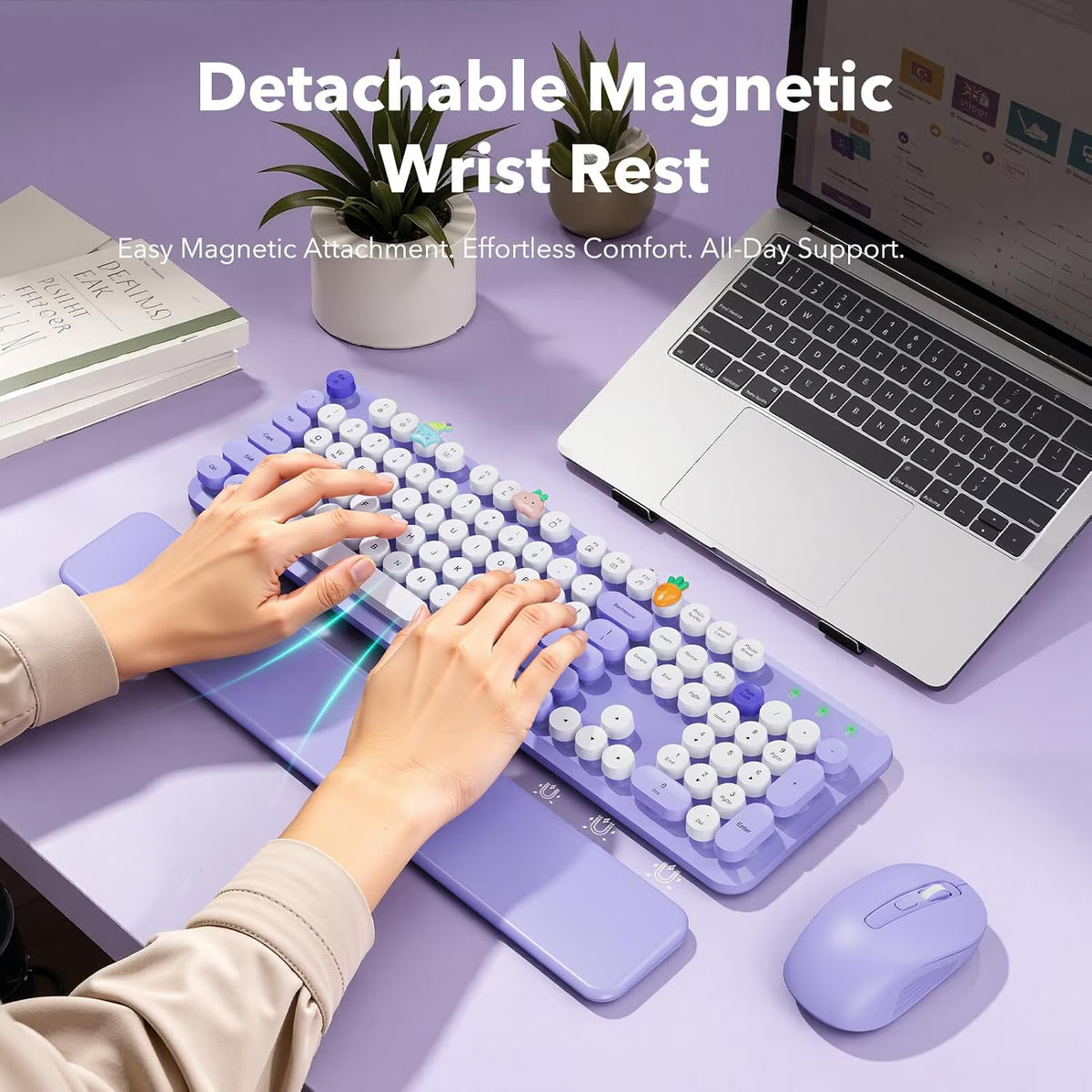 Wireless Keyboard and Mouse Combo, Retro Round Keycaps, Full Size with Detachable Wrist Rest, 2.4G for PC, Lavender Purple