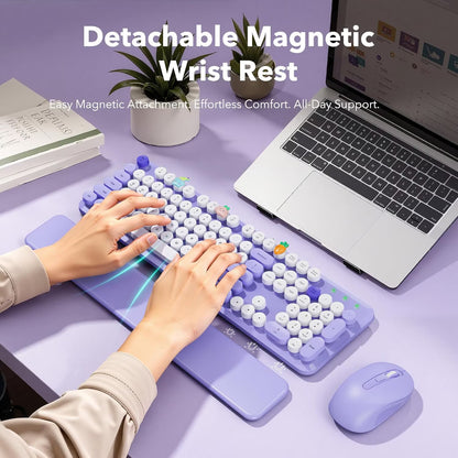 Wireless Keyboard and Mouse Combo, Retro Round Keycaps, Full Size with Detachable Wrist Rest, 2.4G for PC, Lavender Purple