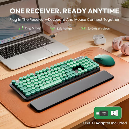 Wireless Keyboard & Mouse Set – Retro Round Keycaps, Detachable Wrist Rest, 2.4GHz Cordless Connection for Mac/Windows/PC