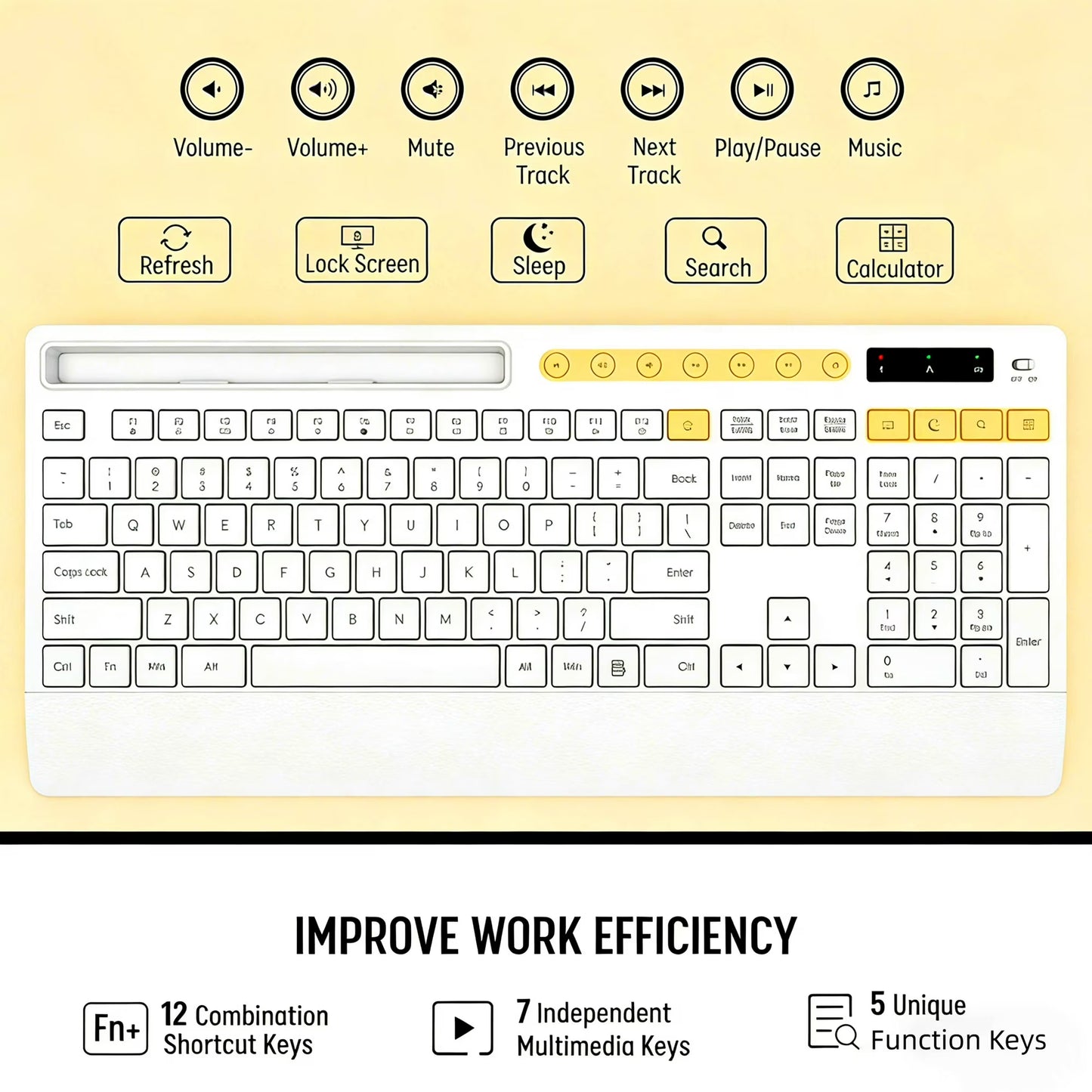 Wireless Keyboard and Mouse Combo with Full-Size Quiet, Palm Rest, Phone Holder, Multimedia Keys, Batteries Included, Compatible with Windows, PC, Laptop - White