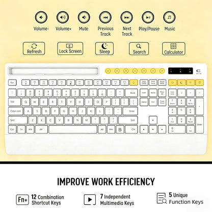 Wireless Keyboard and Mouse Combo with Full-Size Quiet, Palm Rest, Phone Holder, Multimedia Keys, Batteries Included, Compatible with Windows, PC, Laptop - White