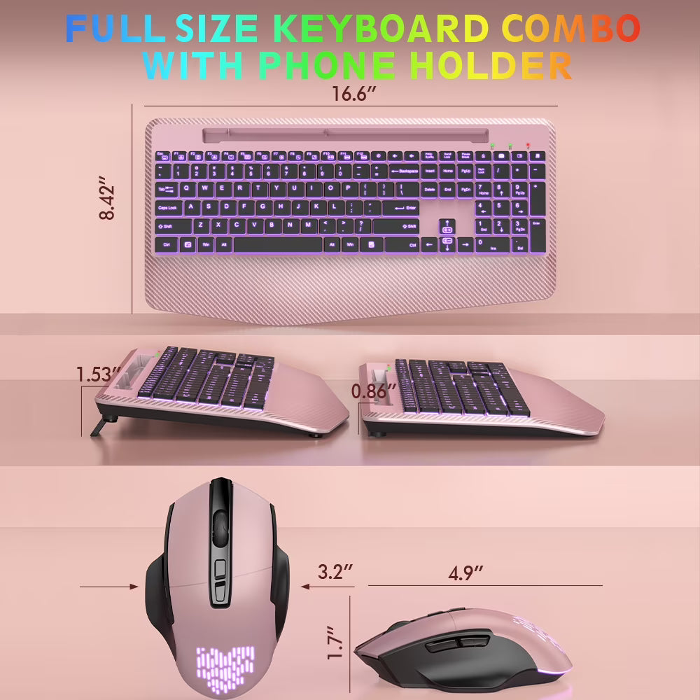 Wireless Keyboard and Mouse Backlit, Rechargeable Ergonomic Keyboard with Wrist Rest, LED Mouse, Phone Holder, Silent for Computer, Mac, PC, Laptop, Chromebook-roas gold