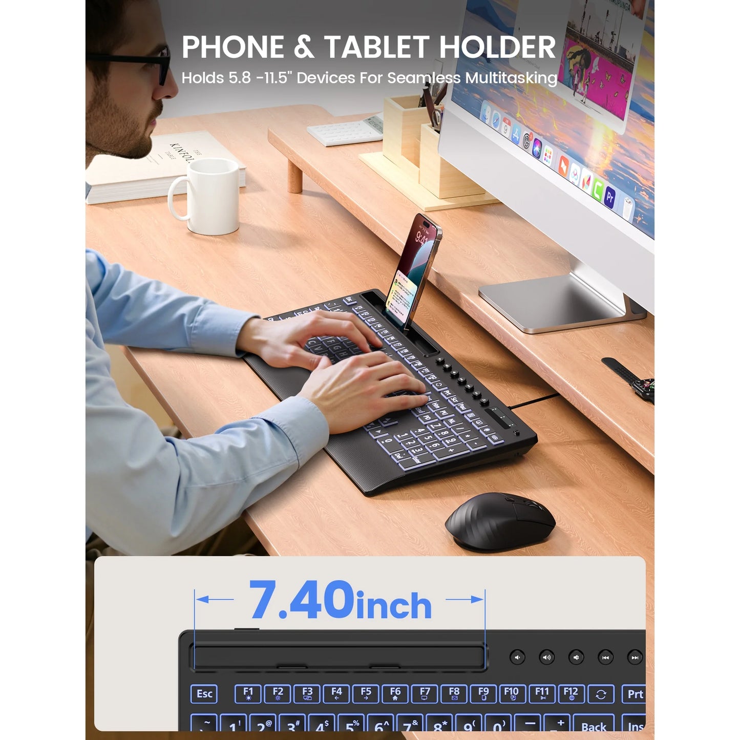 Large Print Wired Backlit Keyboard with Wrist Rest, Phone Holder, Backlight Memory, Quiet Keys, Ergonomic Keyboard for PC Laptop