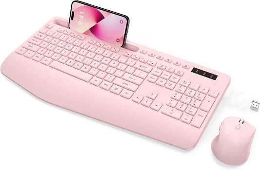 Wagpak Wireless Keyboard and Mouse Combo Wrist Rest Ergonomic Phone Holder Silent for Computer,Laptop-Light Pink