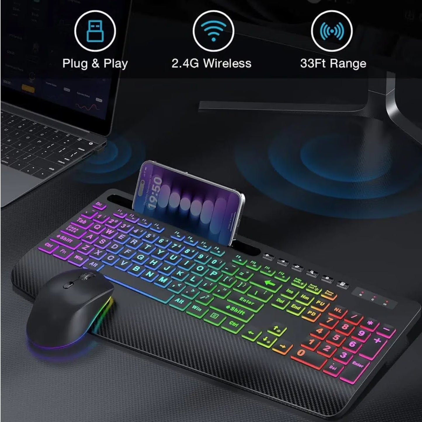 Wireless Keyboard and Mouse Combo with 9 Backlit, Wrist Rest & Phone Holder, Large Print,Deep Black